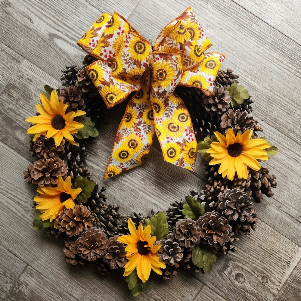 Handmade Sunflower & Black-eyed Susan Summer Fall Pinecone Wreath